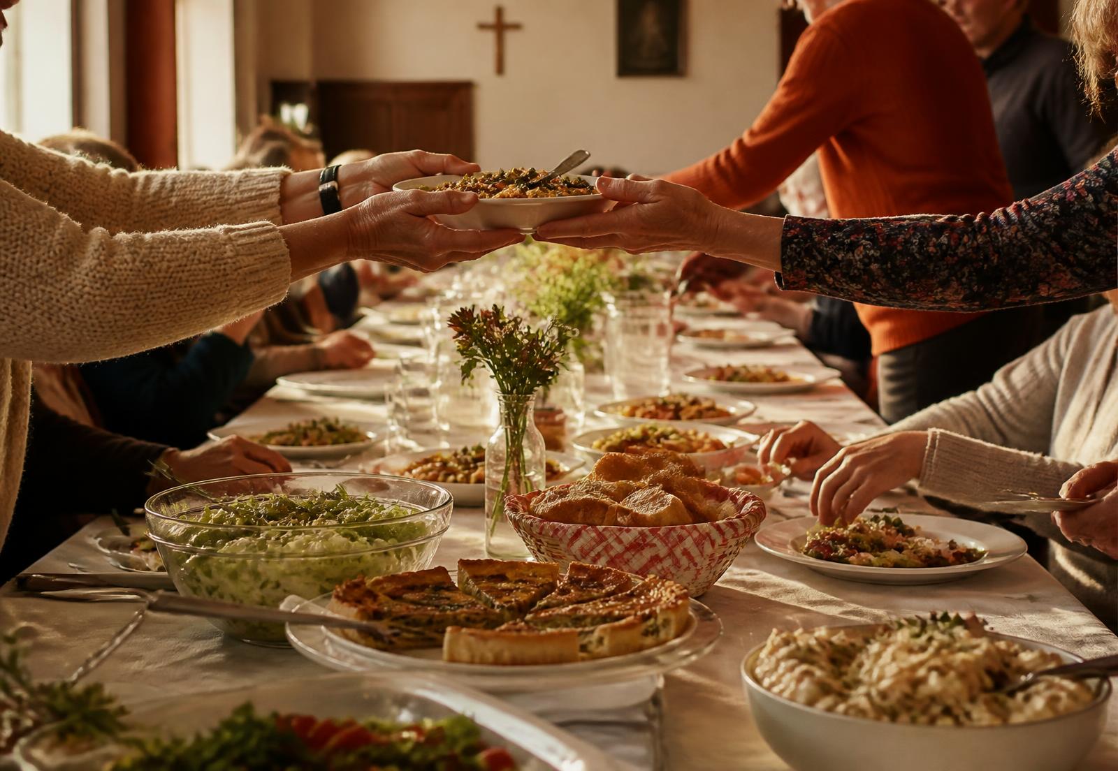 Parishioners passing dishes along a long communal table in a parish hall